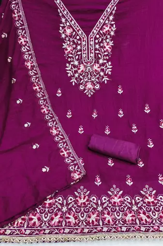 purple unstitched thread embroidery with embroidered dupatta silk blend dress material