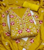 mustard unstitched thread embroidery with embroidered dupatta silk blend dress material