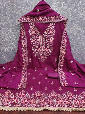 purple unstitched thread embroidery with embroidered dupatta silk blend dress material 3