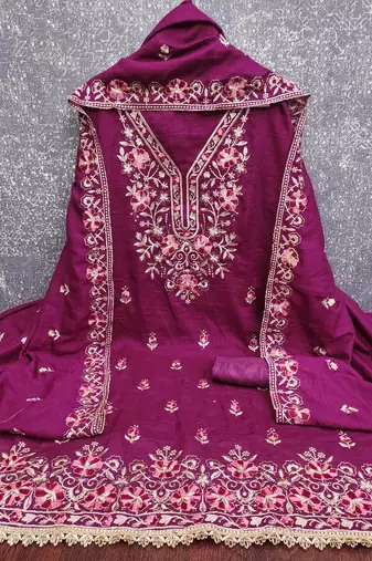 purple unstitched thread embroidery with embroidered dupatta silk blend dress material