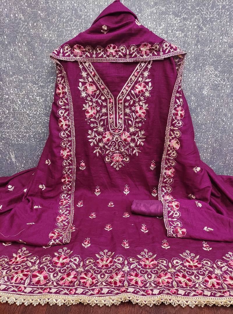 purple unstitched thread embroidery with embroidered dupatta silk blend dress material