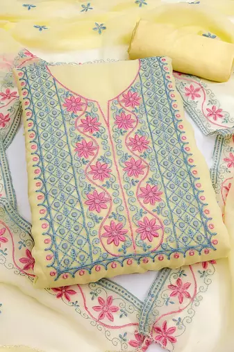 yellow unstitched thread embroidery with embroidered dupatta georgette dress material