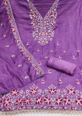 lavender unstitched thread embroidery with embroidered dupatta silk blend dress material 2