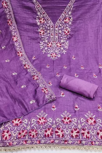 lavender unstitched thread embroidery with embroidered dupatta silk blend dress material