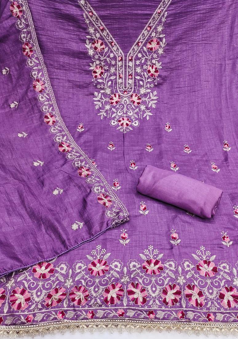 lavender unstitched thread embroidery with embroidered dupatta silk blend dress material