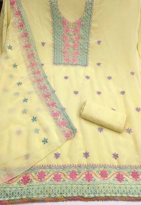 yellow unstitched thread embroidery with embroidered dupatta georgette dress material 2