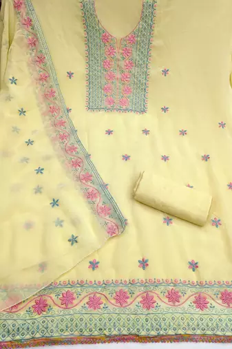 yellow unstitched thread embroidery with embroidered dupatta georgette dress material