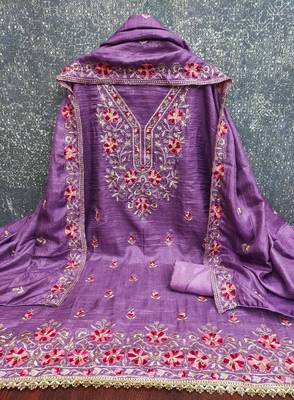 lavender unstitched thread embroidery with embroidered dupatta silk blend dress material 3