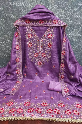 lavender unstitched thread embroidery with embroidered dupatta silk blend dress material