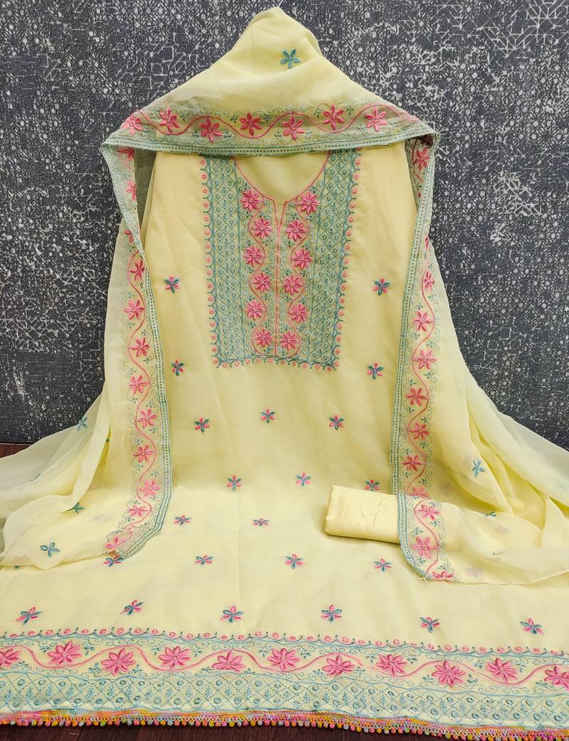 yellow unstitched thread embroidery with embroidered dupatta georgette dress material
