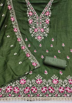 green unstitched thread embroidery with embroidered dupatta silk blend dress material 2