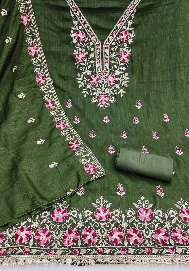 green unstitched thread embroidery with embroidered dupatta silk blend dress material