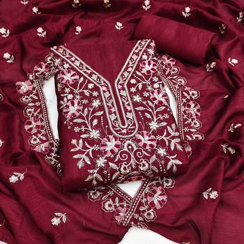 maroon unstitched thread embroidery with embroidered dupatta silk blend dress material 1