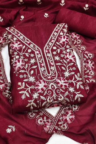 maroon unstitched thread embroidery with embroidered dupatta silk blend dress material