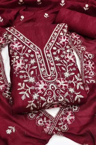 maroon unstitched thread embroidery with embroidered dupatta silk blend dress material