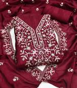 maroon unstitched thread embroidery with embroidered dupatta silk blend dress material