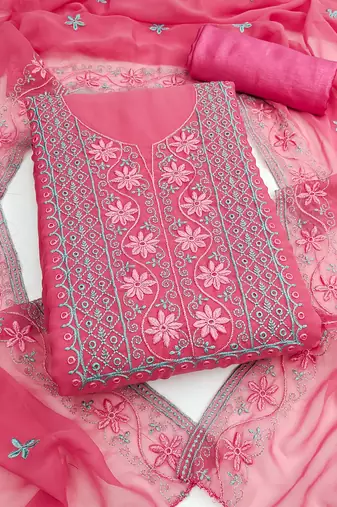 pink unstitched thread embroidery with embroidered dupatta georgette dress material