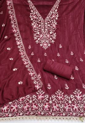 maroon unstitched thread embroidery with embroidered dupatta silk blend dress material 2