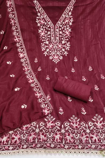 maroon unstitched thread embroidery with embroidered dupatta silk blend dress material