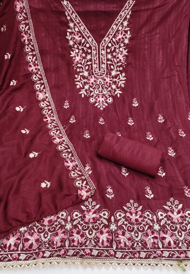 maroon unstitched thread embroidery with embroidered dupatta silk blend dress material