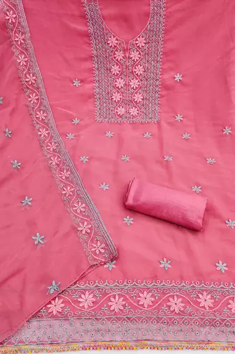 pink unstitched thread embroidery with embroidered dupatta georgette dress material