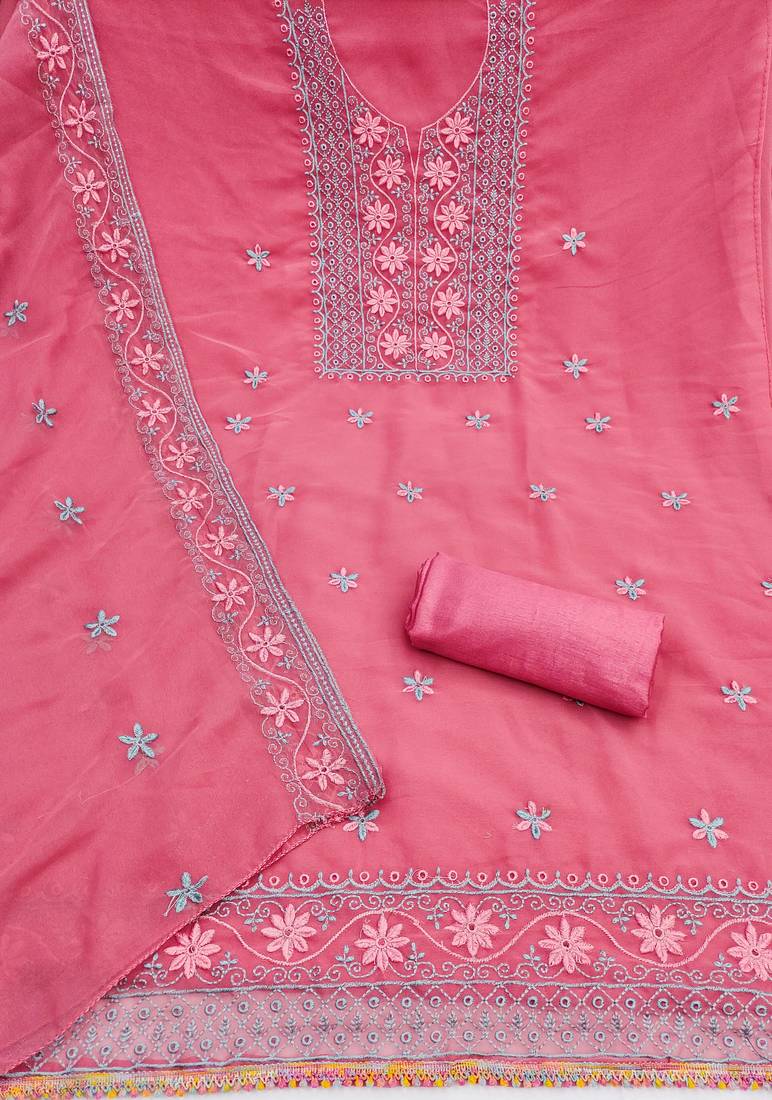 pink unstitched thread embroidery with embroidered dupatta georgette dress material