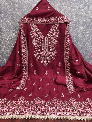 maroon unstitched thread embroidery with embroidered dupatta silk blend dress material 3