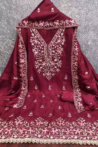 maroon unstitched thread embroidery with embroidered dupatta silk blend dress material