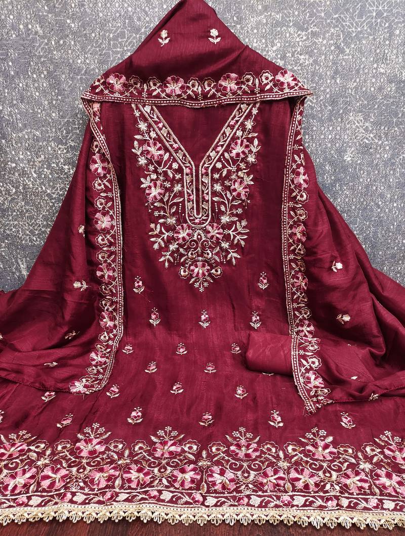 maroon unstitched thread embroidery with embroidered dupatta silk blend dress material
