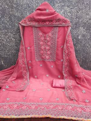pink unstitched thread embroidery with embroidered dupatta georgette dress material 3