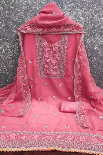 pink unstitched thread embroidery with embroidered dupatta georgette dress material