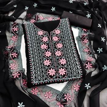 black unstitched thread embroidery with embroidered dupatta georgette dress material 1