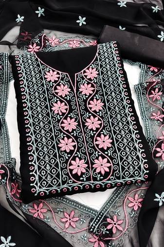 black unstitched thread embroidery with embroidered dupatta georgette dress material