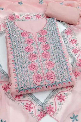 baby pink unstitched thread embroidery with embroidered dupatta georgette dress material