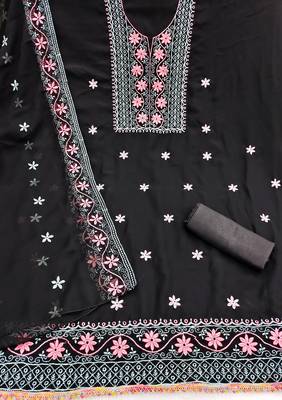 black unstitched thread embroidery with embroidered dupatta georgette dress material 2
