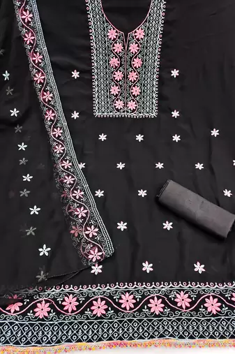 black unstitched thread embroidery with embroidered dupatta georgette dress material