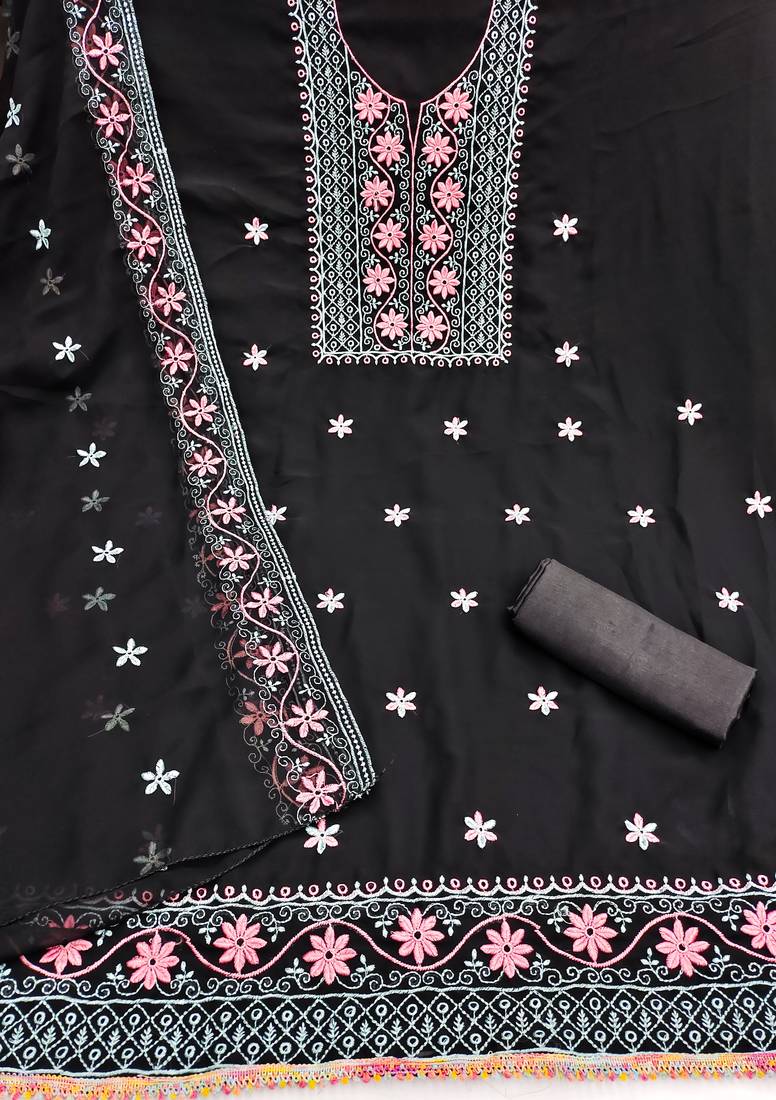 black unstitched thread embroidery with embroidered dupatta georgette dress material