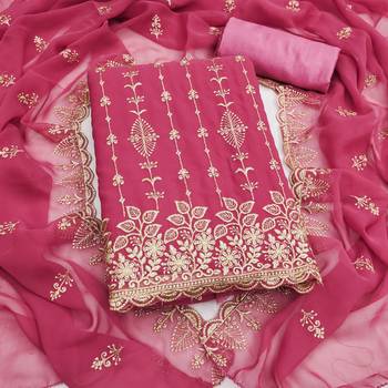 pink unstitched thread embroidery with embroidered dupatta georgette dress material 1