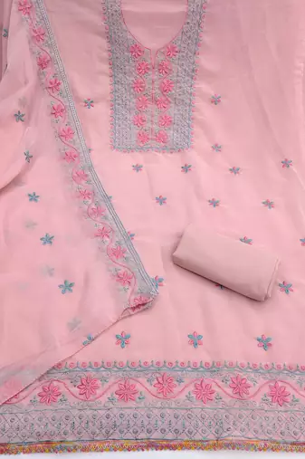 baby pink unstitched thread embroidery with embroidered dupatta georgette dress material