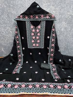 black unstitched thread embroidery with embroidered dupatta georgette dress material 3