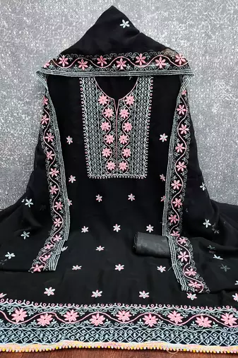 black unstitched thread embroidery with embroidered dupatta georgette dress material