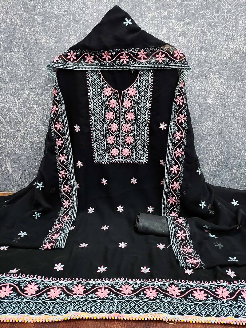 black unstitched thread embroidery with embroidered dupatta georgette dress material
