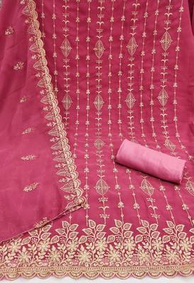 pink unstitched thread embroidery with embroidered dupatta georgette dress material 2