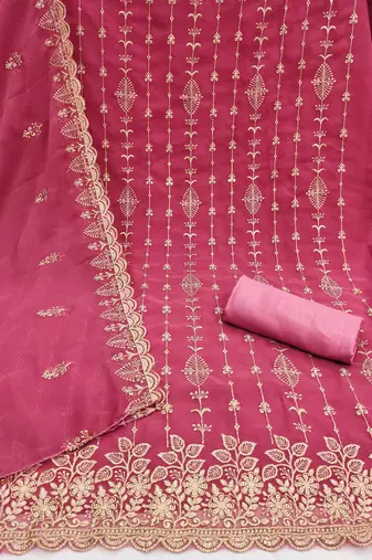 pink unstitched thread embroidery with embroidered dupatta georgette dress material