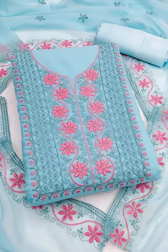 sky blue unstitched thread embroidery with embroidered dupatta georgette dress material