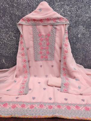 baby pink unstitched thread embroidery with embroidered dupatta georgette dress material 3