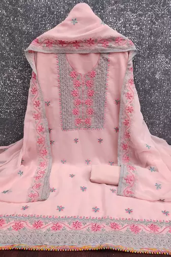 baby pink unstitched thread embroidery with embroidered dupatta georgette dress material