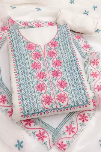 white unstitched thread embroidery with embroidered dupatta georgette dress material