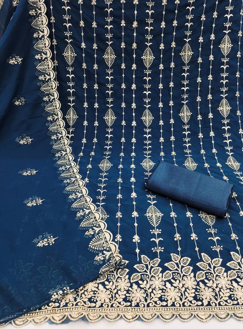 teal blue unstitched thread embroidery with embroidered dupatta georgette dress material