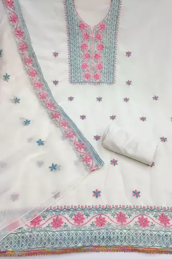 white unstitched thread embroidery with embroidered dupatta georgette dress material